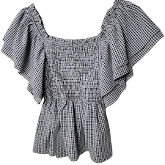 Smocked Gingham Boho Top Black & White Butterfly Sleeve Blouse Size S/M Milkmaid - Picture 3 of 10